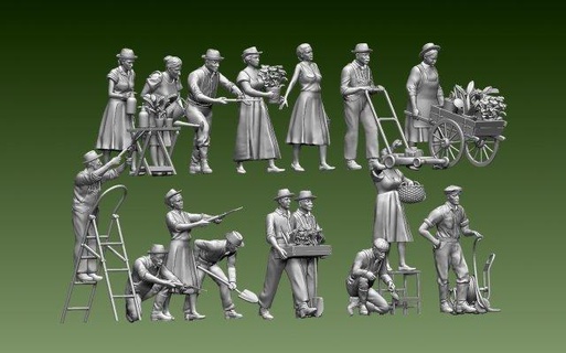jardineros 3d impresión modelo figuritas jardinero parque personas multitud gente pueblo hembra hombre trabajador ciudadano escalera tijeras jardín planta maceta miniaturas 3d print model - Mito3D