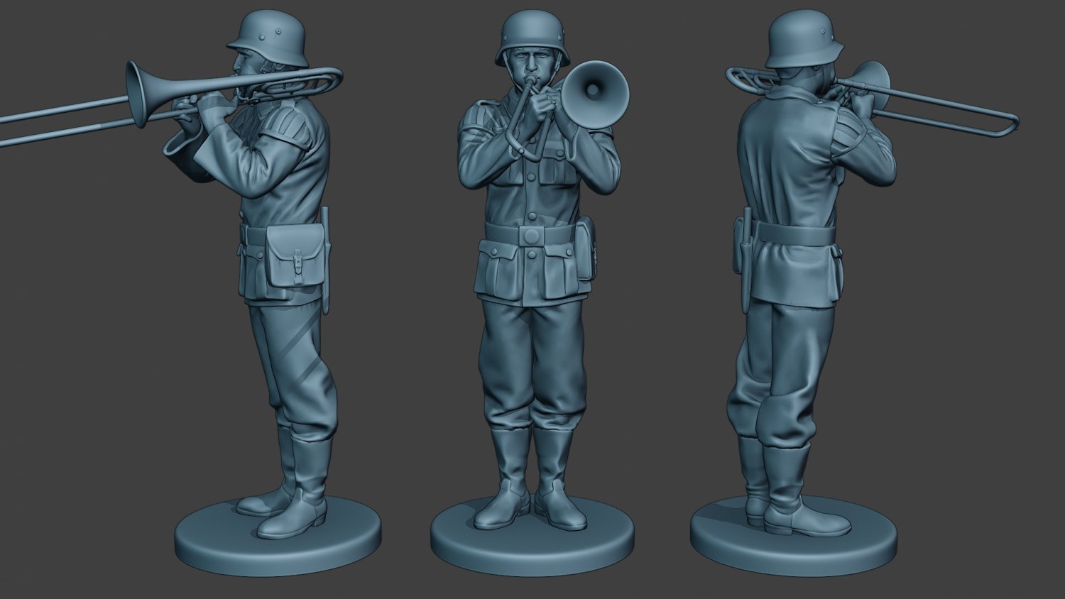 tedesco musicista soldato ww2 in piedi trombone g8 3d stampa modello figurine 3dexport uomo miniatura figurina militare esercito asse nazista rintocchi sassofono ottavino corno clarinetto piatti wehrmacht tamburo basso 3D print model - Mito3D