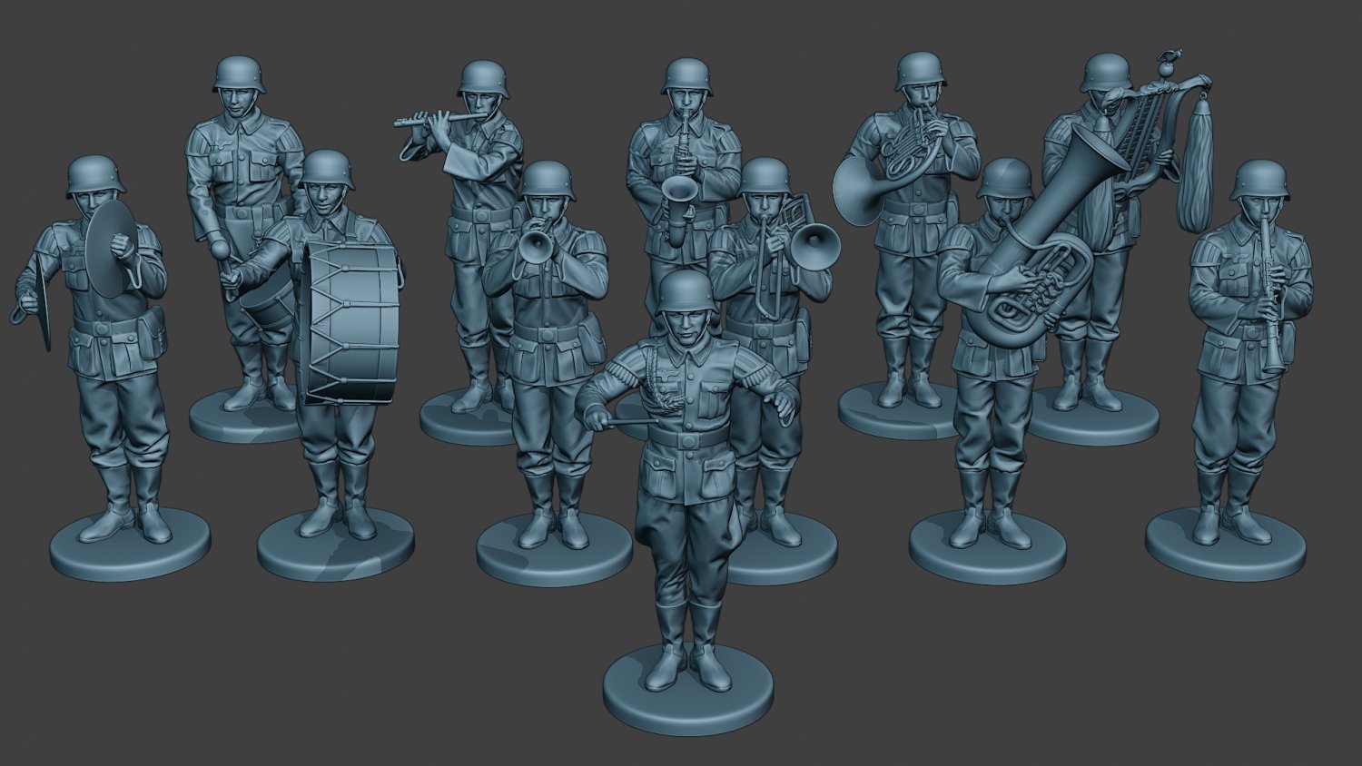 german soldiers military band pack1 ww2 g8 man soldier miniature figurine army axis nazi glockenspiel trombone saxophone piccolo horn clarinet cymbals wehrmacht drum bass 3D print model - Mito3D