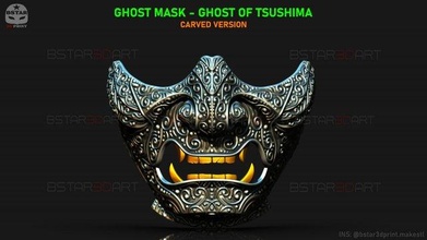 fantasma of tsushima maschera scolpito samurai cosplay 3d stampa modello in giocattoli 3dexport hannya oni kitsune giapponese giappone halloween covid viso bstar3dprint 3d print model - Mito3D