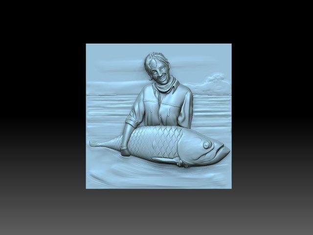 fille poisson pêche pêcheur poissons soulagement bas relief cnc décor panneau 3D print model - Mito3D