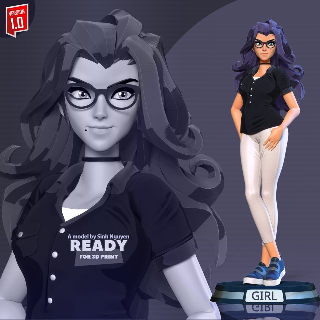 girl glasses woman woman-character girl-character 3dprint 3dprinting statue figure cute 3D print model - Mito3D