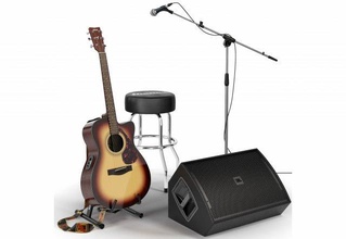 guitar set stage 3d model in 3dexport speaker microphone yamaha jbl chair ibanez shure fender stand musical instrument string music stringed sound dynamic acoustic 3d print model - Mito3D