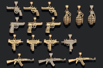 pendants pack 3d print model in 3dexport jewel jewellery jewelry pendant magnum revolver silver hip hop hiphop micro uzi rap rep gangsta grenade ak74 ak 74 3d print model - Mito3D