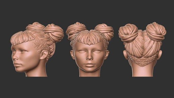 hair 51 man woman double bun girl cute wig mesh print salon head vbang space undercuts saloon art 3d print model - Mito3D