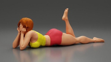feliz mulher mentindo chão menina praia sentado joelhos pose corpo personagem humano fêmea anatomia estátua escultura metamorfose adulto erótico bikini figura 3d print model - Mito3D