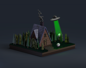 casa in foresta 3d modello fantasia 3dexport lowpoly low modulus mucca ufo buio alieno edificio fantastico 3d print model - Mito3D