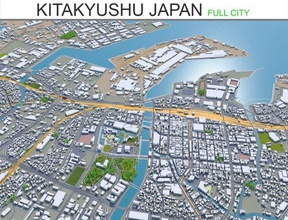 kitakyushu ciudad Japón 50km edificio mapa zona urbano modelo calle topografía carretera bloquear rascacielos casa barrio horizonte centro tranvía exterior 3d print model - Mito3D
