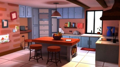 kitchen-cartoon 3d model in kitchen 3dexport classic interior stylized cartoon paper bottle fruit computer furniture book picture decoration architectural animation film game cupboard lamp 3d print model - Mito3D