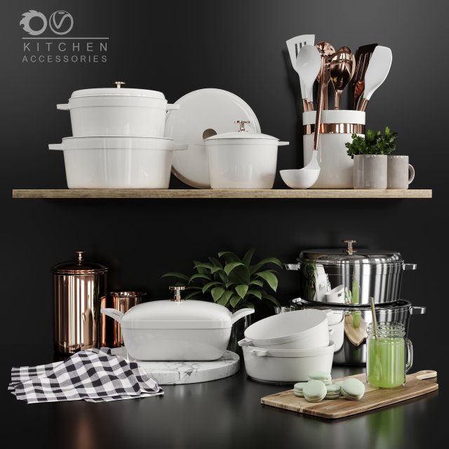 kitchen accessories 3d model in 3dexport napkin cup pot tray spoon vase drink jug flower macaron parsley juice board chopping ladle skimmer 3D print model - Mito3D