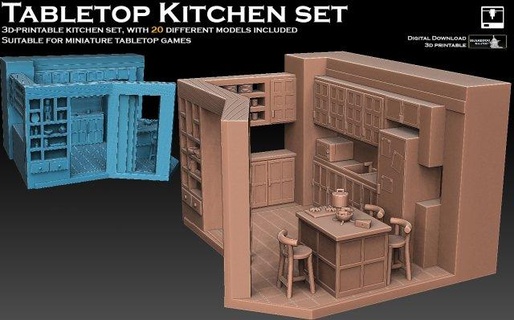 kitchen set architecture utensil stove oven knife frasier refrigerator freezer fridge plate pot microwave bowl cup cheese table interior doll house furniture chair 3d print model - Mito3D