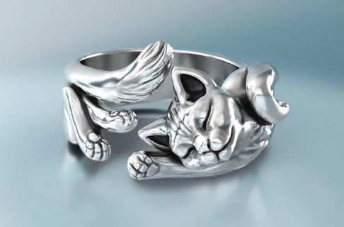 perezoso gato anillo anillos gatito animal mascota joyería joya oro plata felino escultura imprimible Boda amantes patas lindo ajustable 3d print model - Mito3D