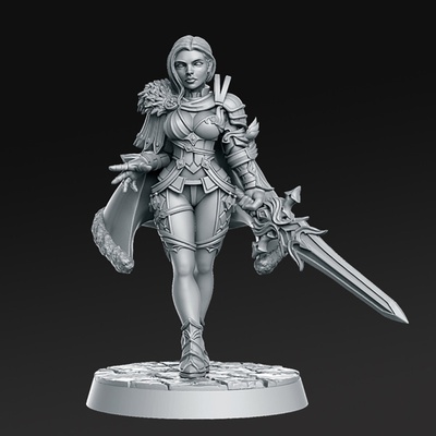 leanne miniatures ready to print 3d model in sculpture 3dexport armor eagle cute girl woman cape old shield sword heavy lord paladin dnd rnestudio tabletop-fantasy resin-miniature gaming rpg dungeons-and-dragons 3d print model - Mito3D