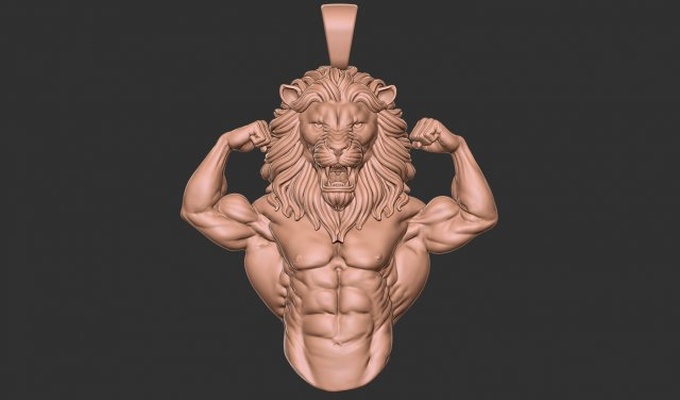 lion pendant 3d print model in pendants 3dexport human jewelry gold animal silver printable body builder biceps hair angry wild zoo jungle 3d print model - Mito3D