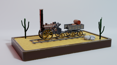 lokomotif roket 3d model in tren 3dexport buhar çöl kaktüs taşlar kum ayakta durmak yazdır nostaljik klasik ulaşım mal yolcular oyun dokular 3d print model - Mito3D