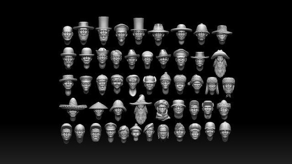 male heads sculpture hat print cap man men old toy beard miniature mustache diorama young headdress 3d print model - Mito3D