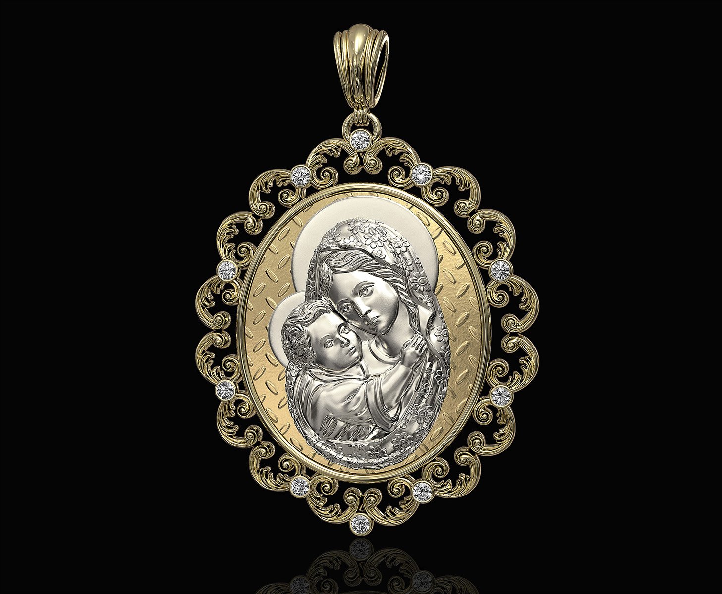 maria, gesù bambino ciondolo 3d stampabile ciondoli oro argento disco di platino brillante la sterlina madre cristo religione i religiosi vergine maria donne medaglione moda gioielli 3D print model - Mito3D