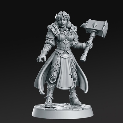 maryka miniatures ready to print 3d model in sculpture 3dexport armor female warhammer heavy hammer cloth girl woman shield sword lion lord paladin dnd rnestudio tabletop-fantasy resin-miniature gaming rpg 3d print model - Mito3D