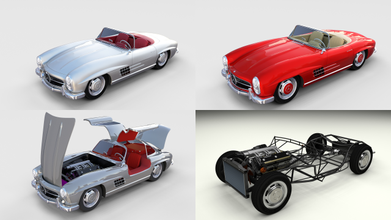 mercedes 300sl chassis pack w198 grosser 1950s grosse stuttgart sport light leight gullwing rigged animated engine transmission 3d print model - Mito3D