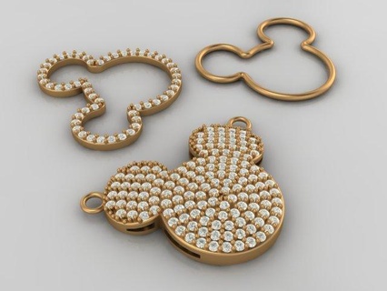 mickey mouse diamond pave pendant 3d print model pendants waltdisney shining gem printable jewel jewelery gold silver girl style 3d print model - Mito3D