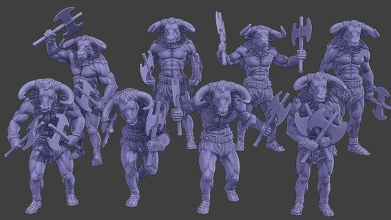 Minotaur savaşçı eksenler paketlemek 1 3d Yazdır model figürinler şekil minyatür heykel asker fantezi savaş aksiyon canavar Ordu masa oyunu karanlık gölge mitoloji Yunan Antik 3d print model - Mito3D