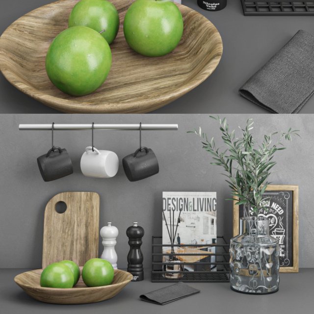 moderno cocina conjunto 15 3d modelo in 3dexport tela imagen taza difusor revista menaje casa fruta batería metal caja vaso florero madera bandeja aceituna planta maceta verde manzana 3D print model - Mito3D