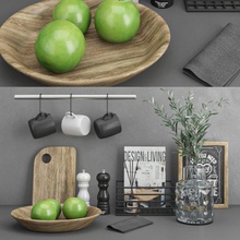 modern mutfak ayarlamak 15 3d model in 3dexport kumaş resim fincan difüzör dergi ev eşyaları halkı meyve gereçleri metal kutu bardak vazo odun tepsi zeytin bitki yeşil elma 3d print model - Mito3D