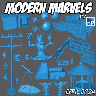 modern marvels - april 2024 release 3d print model in game accessories 3dexport terrain fence haunted tree bridge bench telescope tiki totem rowboat 3d print model - Mito3D
