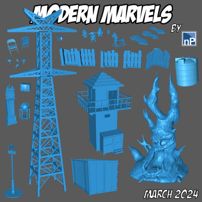 modern marvels - march 2024 release 3d print model in game accessories 3dexport horror terrain wargames guard tower fence water tank 3d print model - Mito3D