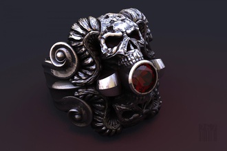 mystical ring skull horns jewellery men stone ruby evil malicious terrible pattern luxury ornament design gemstone wax printable style fashion 3d print model - Mito3D