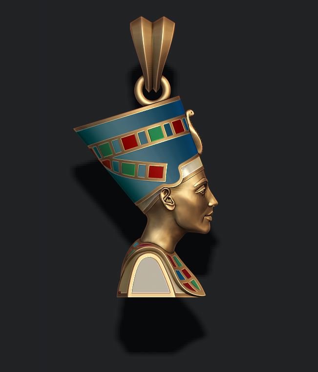 nefertiti pendant enamel 3d print model in pendants 3dexport jewelry sculpture silver printable statue necklace egypt egyptian queen princess god goddess pharaoh ancient archaeology cleopatra kleopatra 3D print model - Mito3D