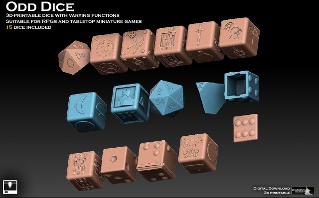 ímpar dados pacote martelo guerra morrer d3 d4 d6 d10 d12 d20 engrenagem corrida rpg equipamento armaduras aventura aleatória matemática 3D print model - Mito3D