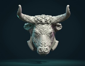 ornamentado touro cabeça montado animal escultura vaca mamífero resumo bezerro barroco 3d print model - Mito3D