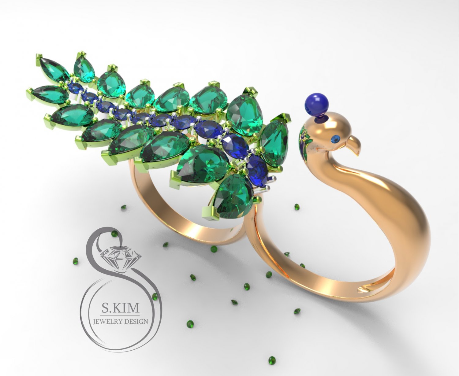 peacock peafowl ring two fingers dual gem jewelry jewel gold 3dmodel 3dprint printable prototype 3djewel 3dwax wax 3dprintmodel printjewel 3dring 3D print model - Mito3D