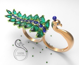peacock peafowl ring two fingers dual gem jewelry jewel gold 3dmodel 3dprint printable prototype 3djewel 3dwax wax 3dprintmodel printjewel 3dring 3d print model - Mito3D