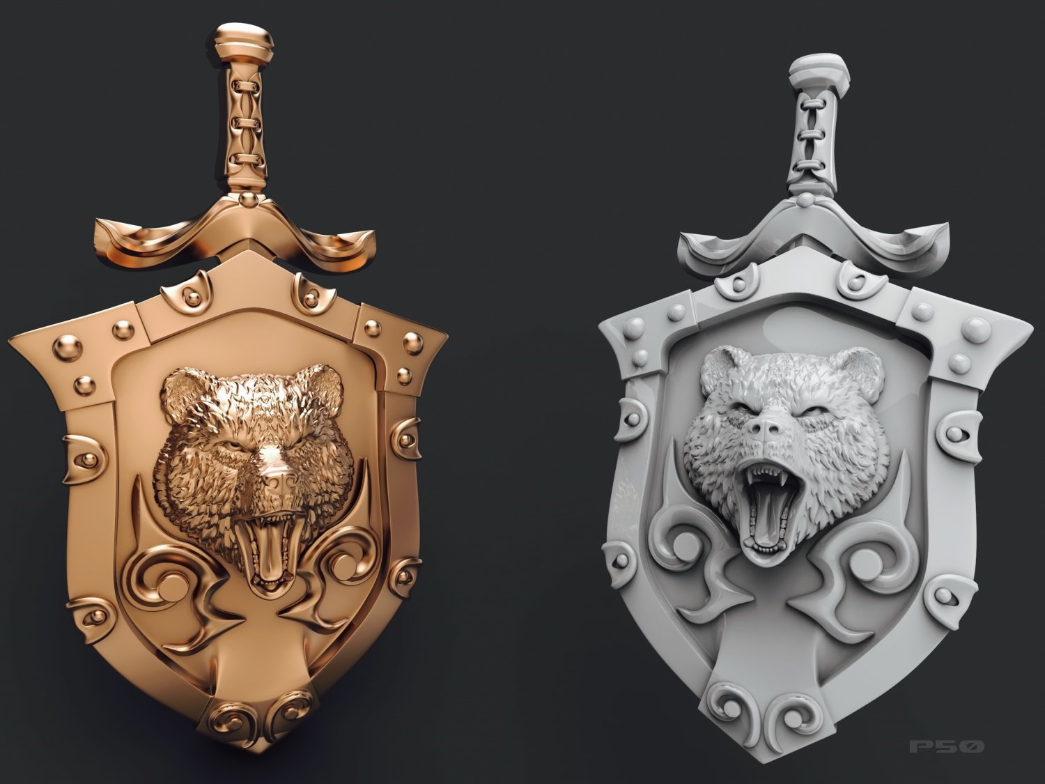 pendant shield bear sword jewelry jewel talisman stl obj cnc printing print printable evil teeth 3D print model - Mito3D