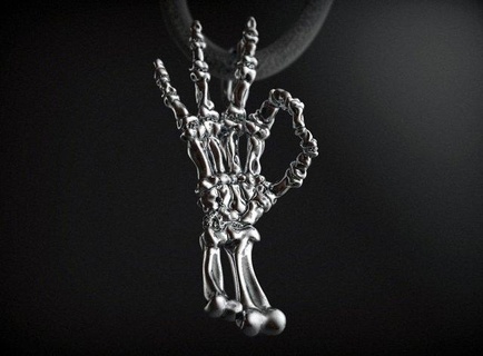 colgante pendiente esqueleto mano colgantes remar rock joyería joya plata dedo impresión esculpir anatomía hueso 3d print model - Mito3D