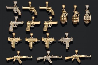 pendants pack jewel jewellery jewelry pendant magnum revolver silver hip hop hiphop micro uzi rap rep gangsta grenade ak74 ak 74 3d print model - Mito3D