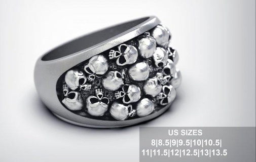 pila calaveras anillo anillos cráneo joyería joya calavera imprimible anular motociclista plata esqueleto rock piedra dura oro hueso cabeza tamaño Moda 3d print model - Mito3D