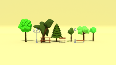 poly dessin animé parc atouts pack arbre banc table lampes herbe 3d print model - Mito3D