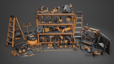 power tools pack 3d model in 3dexport industry industrial equipment machinery drill chainsaw shelf hammer garage props workshop realistic tool environments customizable pbr archviz 3d print model - Mito3D