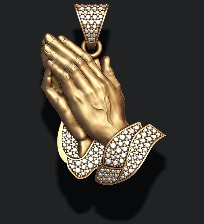 praying hands pendant necklace gems bas-relief prayer fingers christianity church catholic orthodox jewelry jewellery gold printable christ religiou silver hand pendants briliant stone gemstone 3D print model - Mito3D