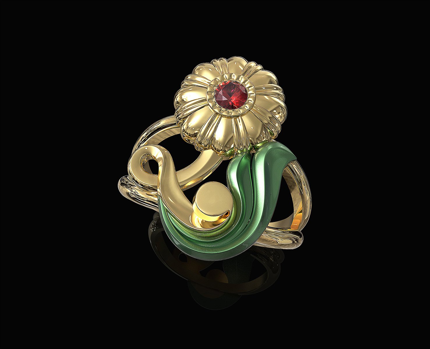 bonita rosa stalk ring 3d impresión modelo in anillos 3dexport imprimible anillo oro plata platino libra esterlina joya piedras preciosas brillante mujer diamante flor hojas amor tallo joyería 3D print model - Mito3D