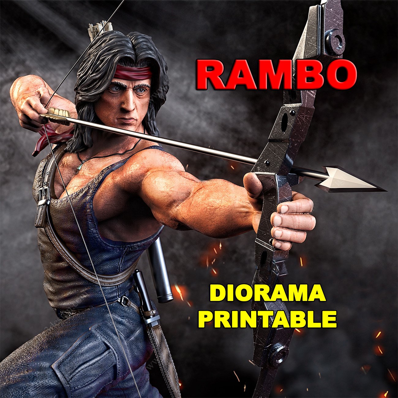 rambo 3d diorama imprimible impresión modelo in hombre 3dexport juan silvester stallone rocoso sangre película cuchillo arquero granada 3D print model - Mito3D