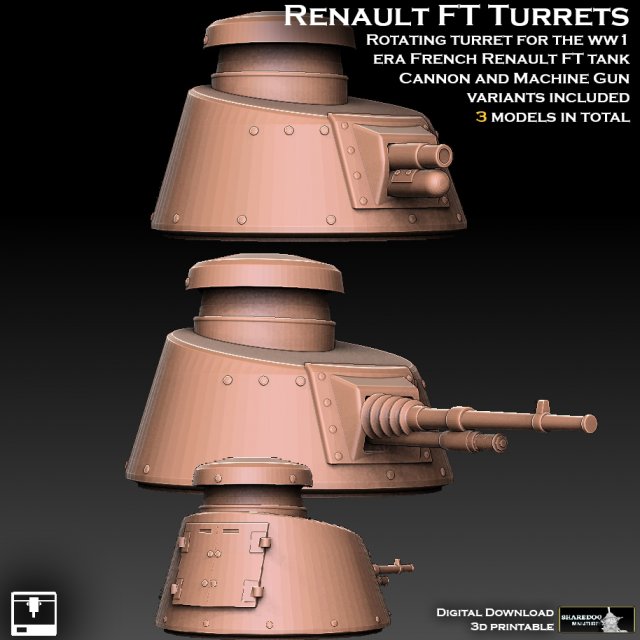 renault ft tanque torretas martillo guerra 40k ww1 ww2 torreta armadura blindado Tigre Sherman carbonizarse depredador leman russ tierra asaltante quimera rinoceronte juego imperial 3D print model - Mito3D