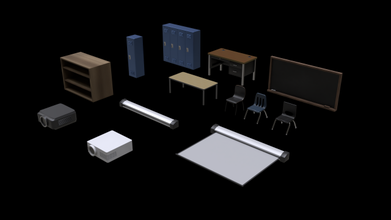 école salle cours atout pack 3d modèle in 3dexport modeling mixeur cycles ensemble chaise tableau noir craie brosse projecteur bureau table casier étagère livres uv déballé 3d print model - Mito3D