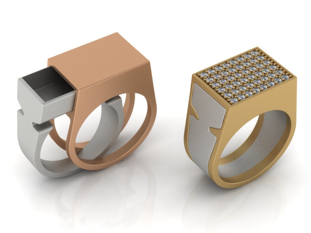 compartimiento secreto del anillo de 2 1 la impresión 3d modelo oro plata joyería los diamantes imprimible moda 3D print model - Mito3D