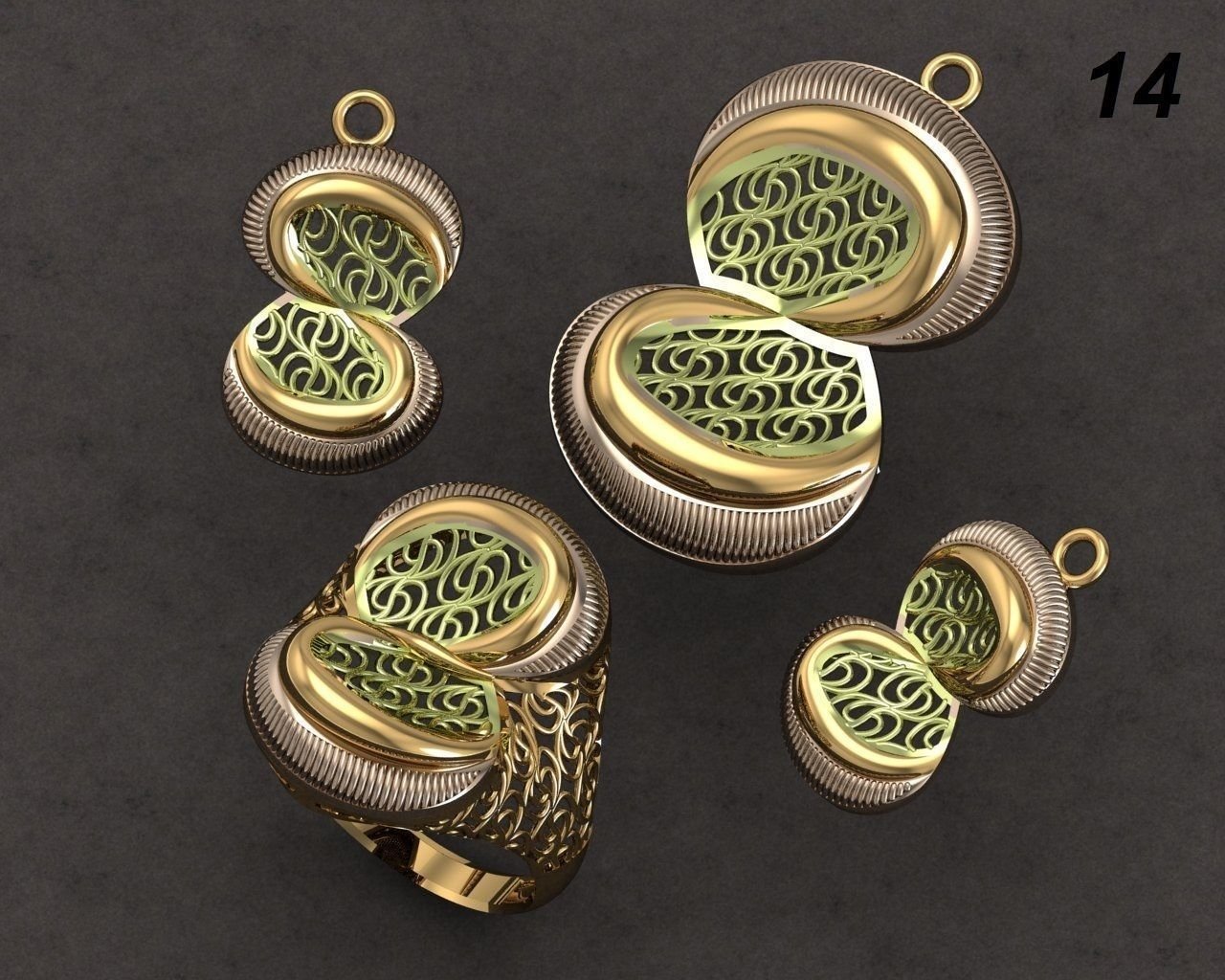 set jewelry gold fashion ring fusion filigree earing 3D print model - Mito3D