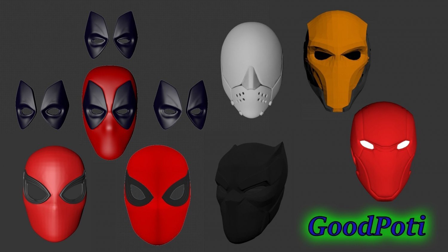 impostato of maschere spider man piscina morta colpo morte nero pantera 7in1 3d stampa modello in gioco accessori 3dexport ragno uomo rovinatore rosso cappuccio dc meraviglia film i fumetti stampa 3ds obj giochi 3D print model - Mito3D