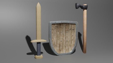simple sword-shield-axe game 3d model in shield 3dexport sword axe poly fantasy medieval armor melee knight warrior blade knife cutting bladed crusader battle armour blunt 3d print model - Mito3D